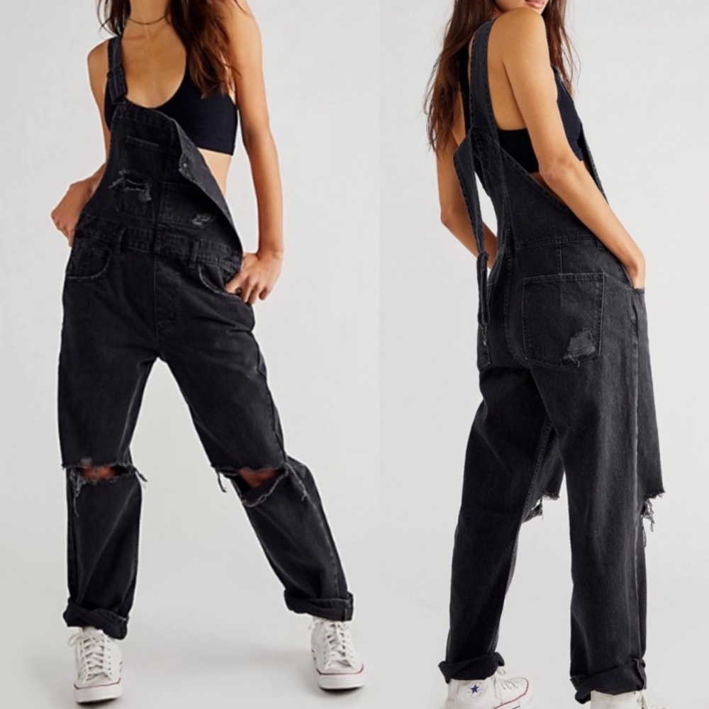 Free People We The Free Ziggy Denim Overalls Distressed Mineral Black